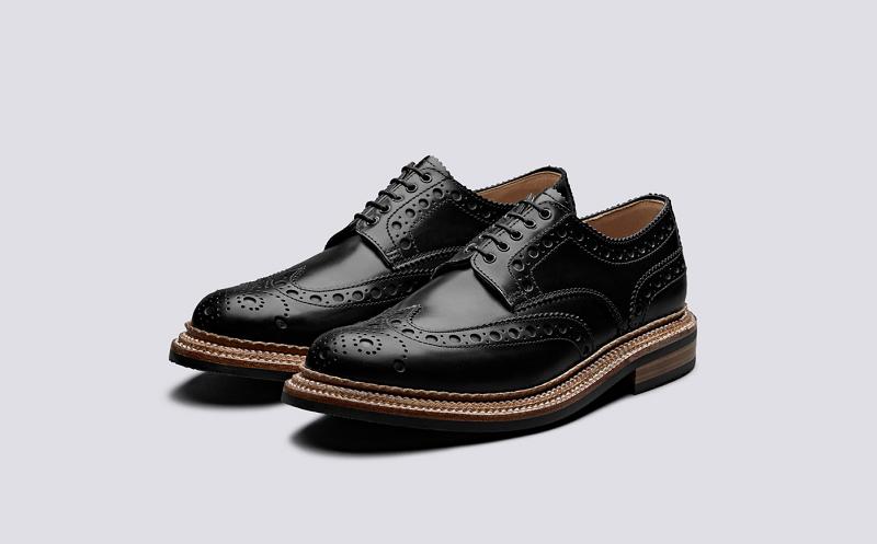 Grenson Archie Mens Brogues - Black Hi Shine Leather with a Triple Welt and Rubber Sole YB0978